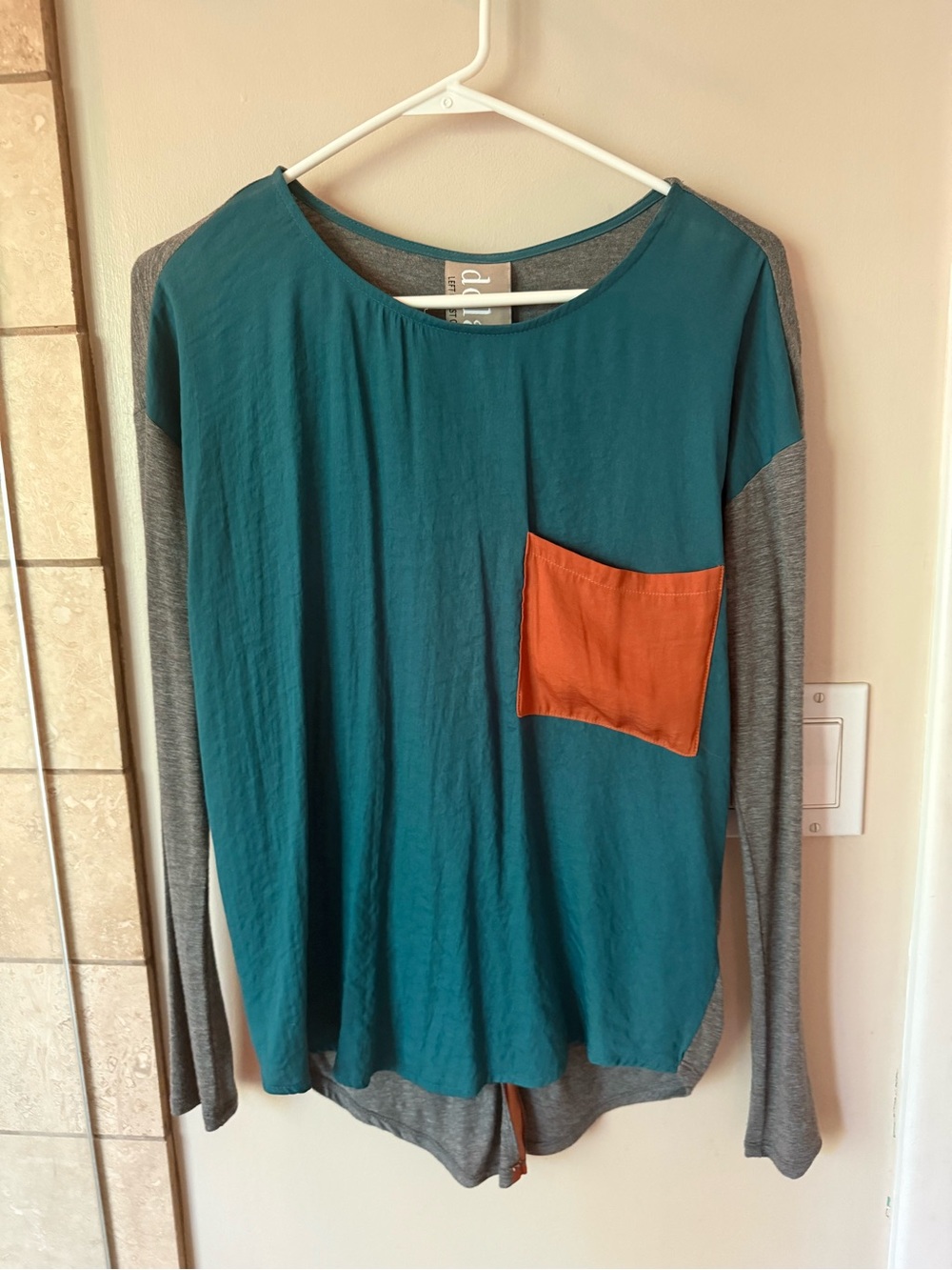 Teal & Gray Long Sleeve Top with Orange Pocket Anthropologie XS